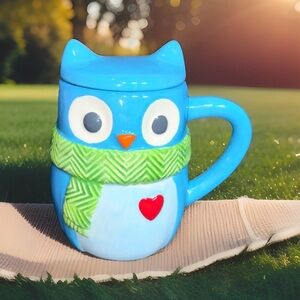 St Nicholas Square Blue Owl Ceramic Mug with Lid Green Scarf Red Heart 5.5in